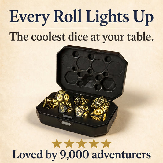 Seven black and gold polyhedral dice in an open black charging case on a parchment-style background