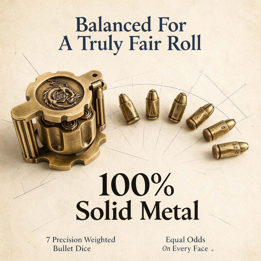 Gold metal revolver dice case with dragon emblem, closed, beside six bullet-shaped dice laid out in an arc