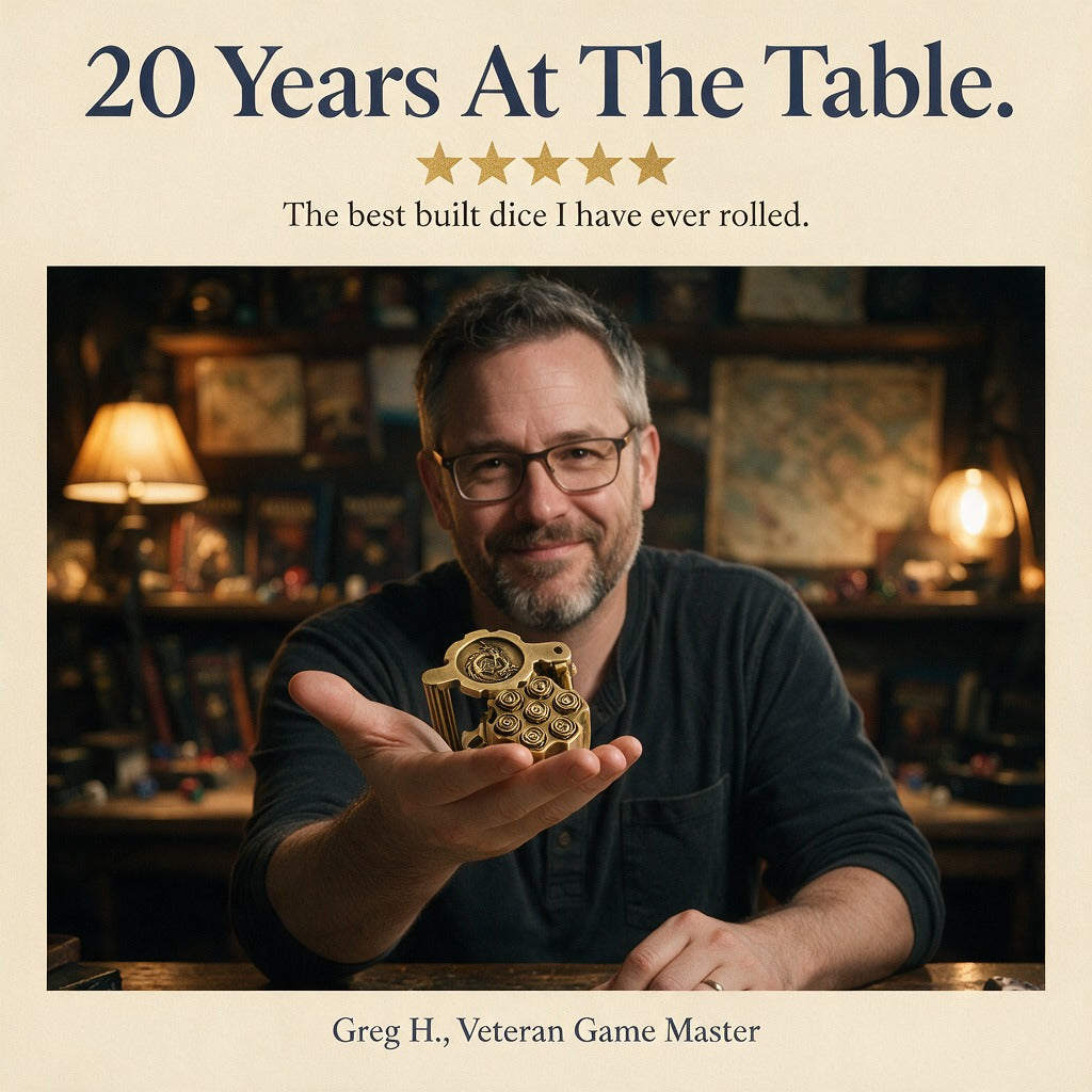 Man with glasses at a table holding the gold revolver dice case out on his open palm, shelves and lamps behind him