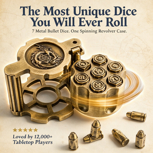 Antique gold metal bullet dice beside a revolver cylinder dice case with a dragon lid, its numbered cylinder swung open