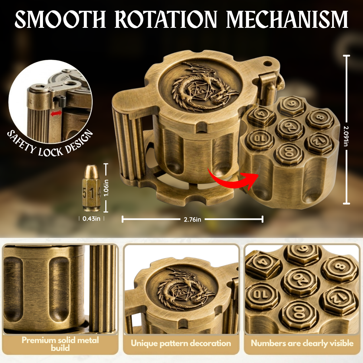 Revolver dice case open with its cylinder swung out, a bullet die with measurements, and close-ups of the lock and caps